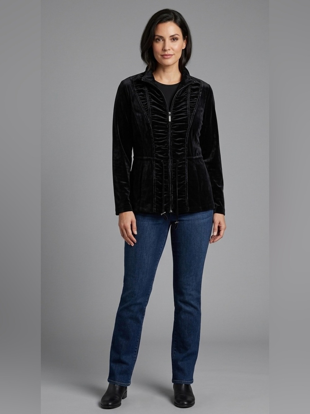 St. John Sport Black Velvet Zip Front Jacket Ruched Cinched Waist Drawstring